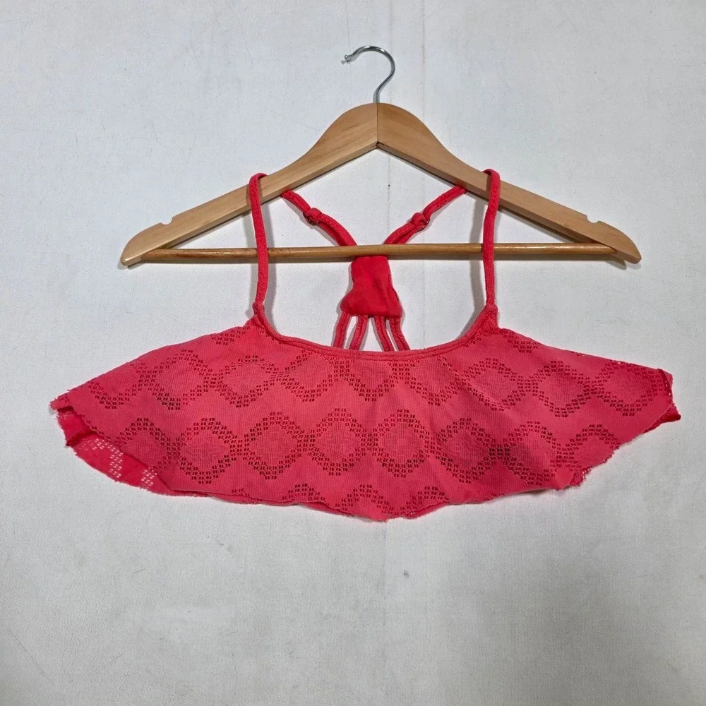 Roxy Bikini Top Women Small Pink Crochet Flounce Racerback Swimwear Beachwear